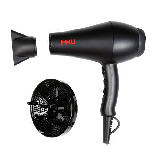 MHD MHU Professional Salon Grade 1875w Low Noise Ionic Ceramic Ac Infrared Heat Hair Dryer Plus One Concentrator and One Diffuser Black Color