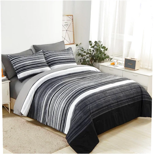 KAKIJUMN 5 Piece Bed in a Bag Stripe Comforter Set Twin Size, White Grey Black Patchwork Striped Comforter and Sheet Set, All Season Soft Microfiber Complete Bedding Sets(Grey,Twin)