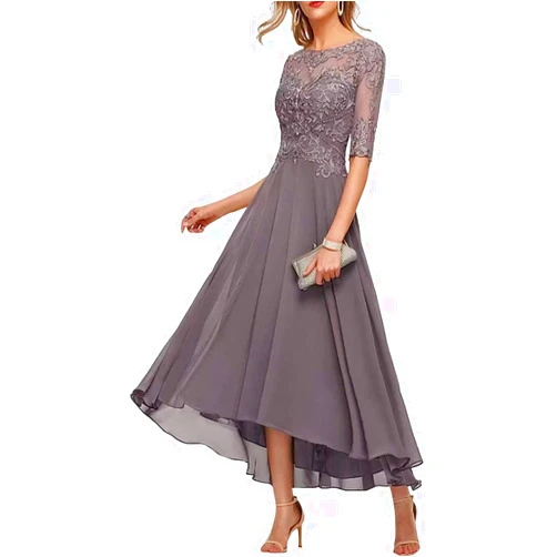 SIBBLE 3/4 Sleeves Mother of The Bride Dresses Tea Length Lace Appliques Chiffon Hi-Lo Formal Evening Gown for Wedding