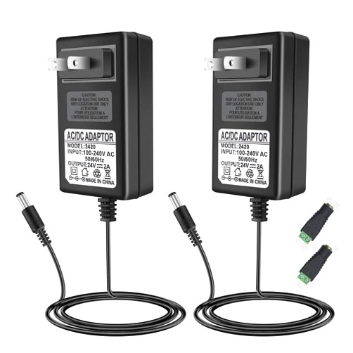 FLETERGIB 24V Power Supply, DC 24 Volt 2A 48W LED Lights Power Supply Adapter, 100-240V AC to 24V DC Transformer for LED Strip Lights, Wall Plug Power Supply with 5.5/2.1mm Jack Converter (2 Pack)