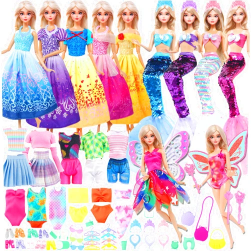 MCZQXW 42 Pcs 11.5 inch Doll Clothes & Accessories, 2 Princess Dresses 2 Sequin Fishtail Swimsuits 2 Tops 1 Skirt 1 Pants 3 Bikini 1 Butterfly Wing Clothing, Doll Hangers Shoes ... for Girls Gift Age 3-6 5-7