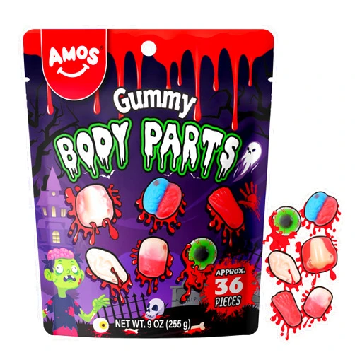 Amos Halloween Gummy Body Parts, Spooky Candy for Trick-or-Treat, Halloween Snacks, and Edible Decorations – Approx. 36 Individually Wrapped Pieces, 9oz Bag