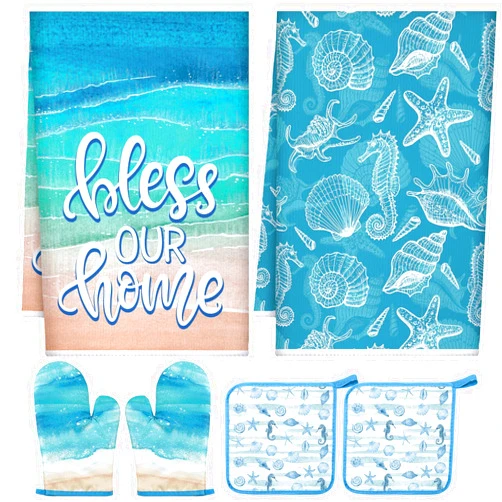 Leinuosen 6 Floral Plant Oven Mitts and Pot Holders Sets Farmhouse Kitchen Towels Absorbent Dish Towels for Cooking Baking Grilling(Blue, Ocean)