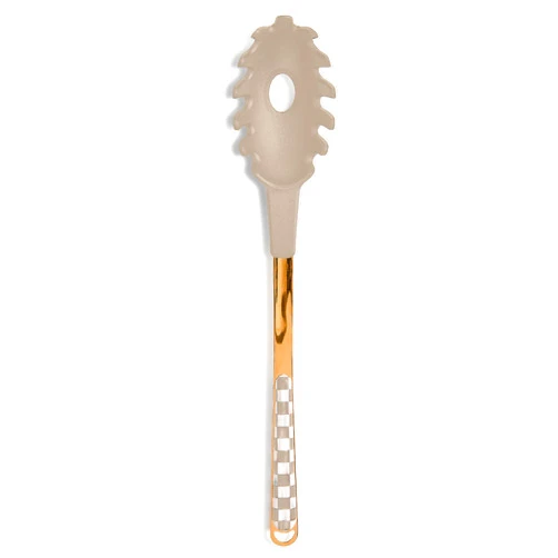 MACKENZIE-CHILDS Kitchen Pasta Spoon, Silicone Spaghetti Spoon, Brown-and-White Mocha Check