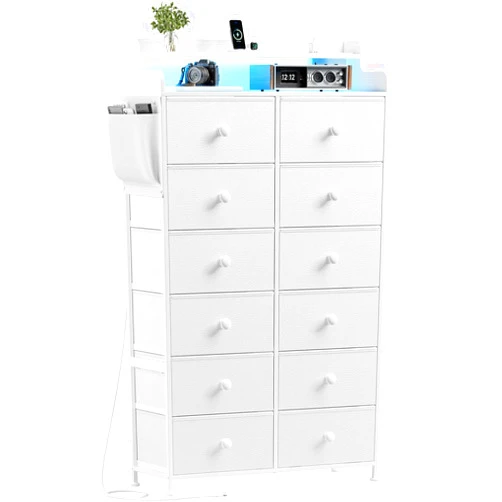 REAHOME Dresser for Bedroom with Charging Station and LED Lights, 12 Drawers Dresser TV Stand with Wooden Top, Tall Fabric Chest of Drawer with Sturdy Frame for Closet, Living Room, Hallway, White