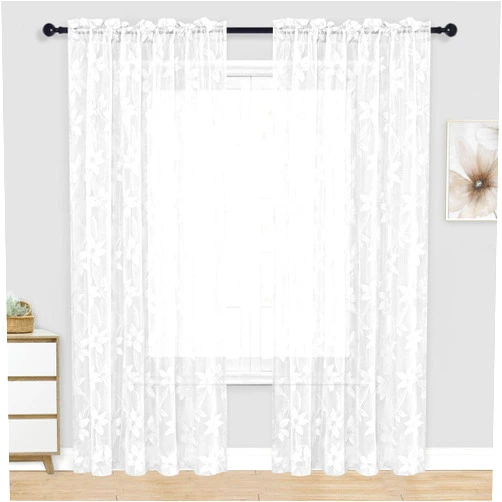DWCN White Sheer Curtains - Extra Long Floral Lace Design Rod Pocket Window Voile Sheer Drapes for Girls Bedroom Living Room 52 x 96 inches Long, Set of 2, White Curtain Panels