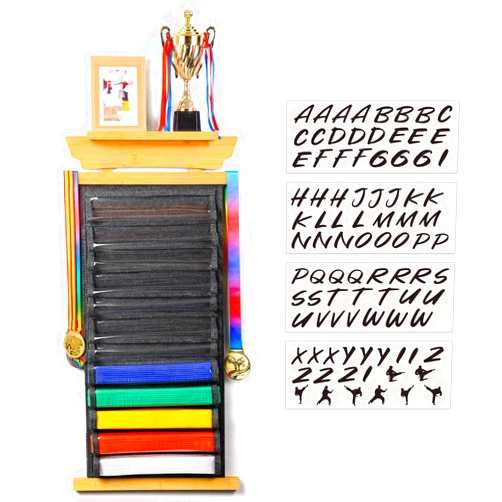 Tilhumt 12 Belts Karate Belt Display Rack with Stickers, Taekwondo Belt Display with Trophy/Photo Rack, Felt Dustproof Design, Easy to Put in belt, Martial Arts Belt Display for Children and Adults