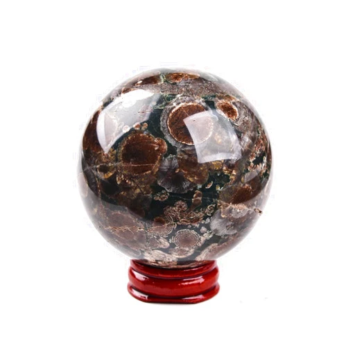 JIC Gem Small Green Sakura Stone Sphere with Stand Flower Agate Crystal Ball Sphere Healing Crystal Ball Suitable for Home Decor,Gazing Divination or Feng Shui, Fortune Telling Ball 50-60mm
