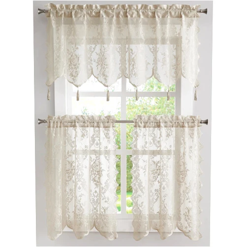 LINENZONE Linen Tiers and Valance Kitchen Set Includes 2 30 x 36 Café Curtains and 1 Kitcen Valance with 6 Tassels. Classic English Rose Design. (Luna Set, Linen)