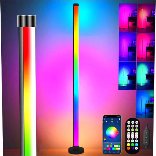 Rosnek RGB Floor Lamp, Smart LED Corner Lamp with App and Remote Control, 16 Million Colors, Music Sync, DIY Mode, Timer, Dimmable Standing Lamp for Living Room, Bedroom, Gaming Room