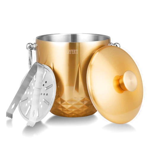 LRYYBTI Ice Bucket with Lid, 3L Double Wall Stainless Steel Ice Bucket Keeps Frozen Longer, Insulated Ice Bucket with Tong and Strainer, Perfect for Parties, Cocktail bar, Wine, Champagne, Gold