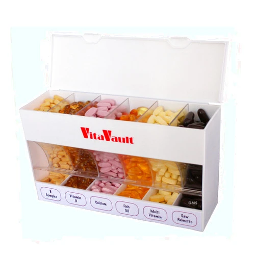 GMS VitaVault Vitamin & Pill Organizer - Medicine Cabinet Organizer with 6 Separate Large Compartments - Store up to 60 Days Worth of 6 Different Vitamins - Fits All Size Vitamin Supplements - 1 pc