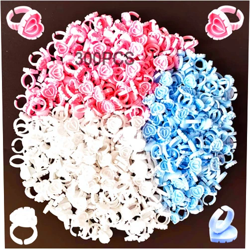 Jusbuya Glue Rings, 300 PCS Glue Rings for Eyelash Extension, Disposable Smart Lash Glue Rings,Cute Glue Cups Eyelash Glue Holder,Heart Glue Rings for Lash Eyelash Extension Supplies (Heart Pink&White&Blue)