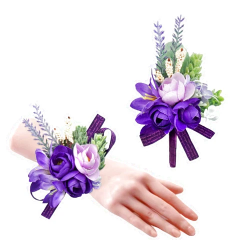 Ciandid Purple Camellia Groom Boutonniere & Bride Wrist Corsage Set of 2, Artificial Flowers for Wedding Ceremony Party Prom