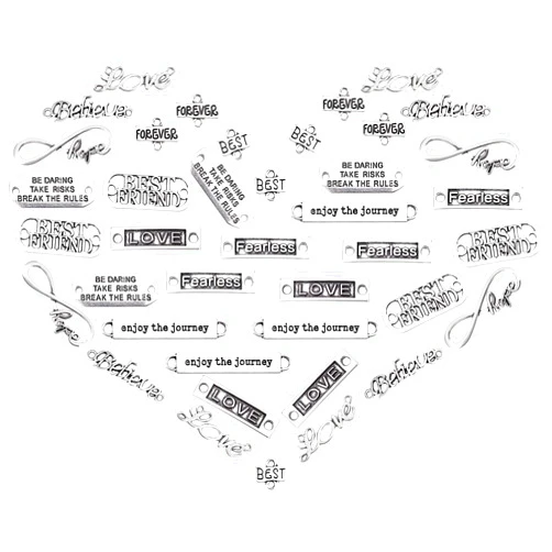 SUNNYCLUE 1 Box 40Pcs 10 Styles Word Connector Charms Tibetan Style Alloy Inspiration Engraved Motivational Words Infinity Love Hope BFF Rectangle Links for DIY Jewelry Making Crafts, Antique Silver