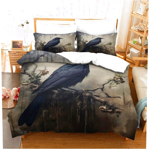 BUKISA 3D Printed Raven Comforter Cover Set for Kids Child Girls Boys Bedroom Textile Suit Skin-Friendly Crows Bedding Set Breathable Twin（173x218cm） Duvet Quilt with Pillowcases