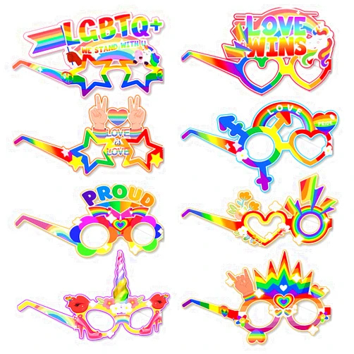 YLOIJO Pride Day Photo Props, Big Dot of Happiness Love is Love Glasses LGBT Theme Party Funny Gay Party Decorated Paper Glasses - 8 Count