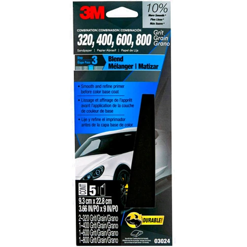3M Wetordry Sandpaper, 03024, Assorted Grits, 3 2/3 in x 9 in, 5 Sheets Per Pack