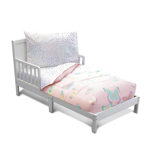 Delta Children 4 Piece Toddler Bedding Set for Girls - Reversible 2-in-1 Comforter - Includes Fitted Comforter to Keep Little Ones Snug, Bottom Sheet, Top Sheet, Pillow Case - Pink Butterfly Flutter