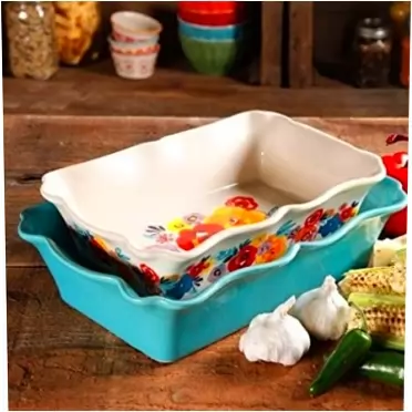 The Pioneer Woman Flea Market 2-Piece Decorated Rectangular Ruffle Top Ceramic Bakeware Set (Pack of 2)