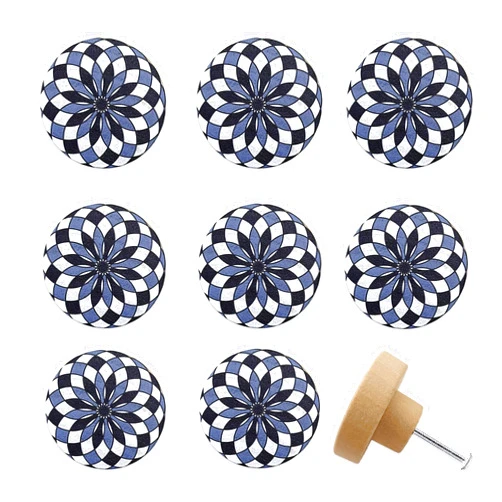 Lasyman Set of 8 Wood Vintage Round Black and White Checkered Kitchen Cabinet Door Dresser Drawer Knobs Knobs and Pulls 1.8 X 1.8 Inches