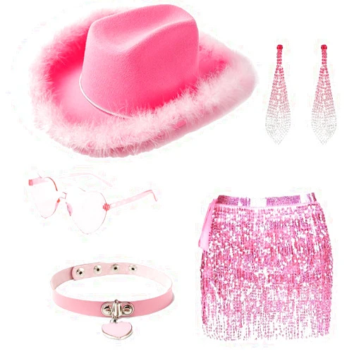 Mbpersist Women Pink Cowboy Cowgirl Hat Bandana Glasses Fringe Skirt Earrings for Bride Bachelorette Halloween Wedding Party