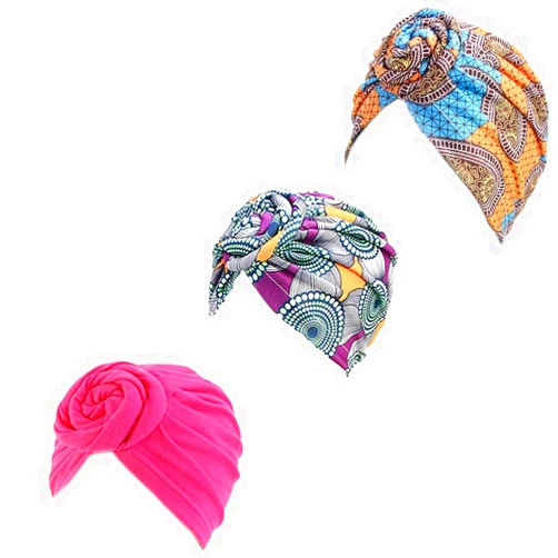 HMDGS 3 Packs Women Turban African Pattern Knot Headwrap Sleep Beanie Pre-Tied Bonnet Chemo Cap Hair Loss Hat Solid Color Head Wrap Stretch Long Hair Scarf