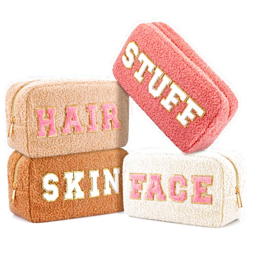 Paterr 4 Pcs Chenille Letter Preppy Patches Makeup Bag Plush Fuzzy Makeup Pouch Hair Skin Face Stuff Bag Large Cosmetic Purse Zipper Travel Toiletry Kit for Spring Gift(Pink Brown Colors)
