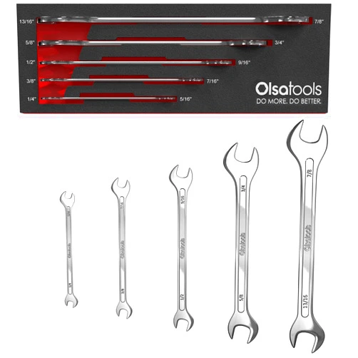 Olsa Tools 5pc SAE Slim Profile Wrench Set | SAE Thin Wrench Set | Flat Wrench Set | Mechanics Professional Grade Thin Wrench Set | Slim Dual Open End Wrench Set