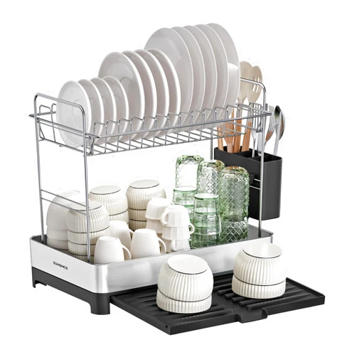 SONGMICS 2-Tier Small Dish Drying Rack, Expandable Dish Dryer for Kitchen Counter, Stainless Steel Dish Rack with Utensil Holder, Rustproof, for Dishes, Knives, Spoons, Forks, Silver Black UKCS036B01