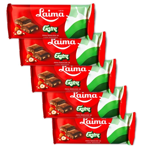 Laima Milk Chocolate with Crushed Hazelnuts, 90g Bars (Pack of 5), Ekstra (Extra)