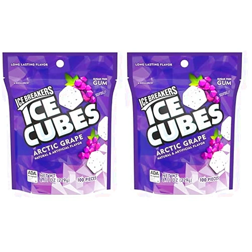 ICE BREAKERS Ice Cubes Arctic Grape Sugar Free Chewing Gum Pouch, 8.11 oz (100 Pieces) (Pack of 2)