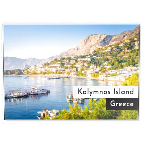 Photomagnet Kalymnos Island, Massouri, Kos, Dodecanese, Greece: Beautiful Sunny Village Town Harbor View to The Greek Blue Sea with Crystal Clear Water with Fishing Boats Cruising Holiday Yacht, Fridge Magnet