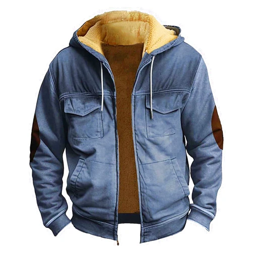 Generic Men's Western Vintage Print Sherpa Fleece Lined Jackets Fall Winter Puffer Jacket Casual Zipper Varsity Coat Hooded