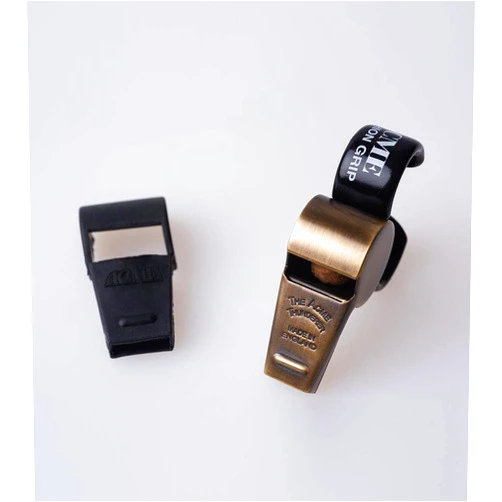 Acme Thunderer Whistle Large Tapered Mouth with Finger Grip and Gator Grip Mouth Guard in Antique Brass Finish 58.5-477AB