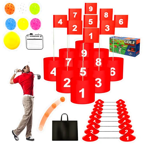 FINCOME Golf Yard Bucket Games 9 Holes Golf Practice Game with Flag, Golf Chipping Game for Kids and Adults Outdoor Indoor Portable Backyard Golf Game for Park, Beach, Backyard, Lawn
