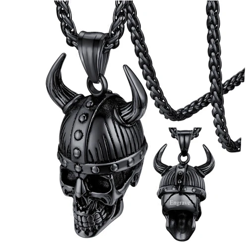 FaithHeart Customize Engrave Cool Skull Necklace for Men, 3D Odin Awe Helmet Pendant Boys Black Stainless Steel Vintage Punk Viking Jewelry Skeleton Accessories