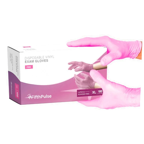 FifthPulse White and Pink Vinyl Disposable Gloves 100 Pack - Powder and Latex Free Medical Exam Gloves