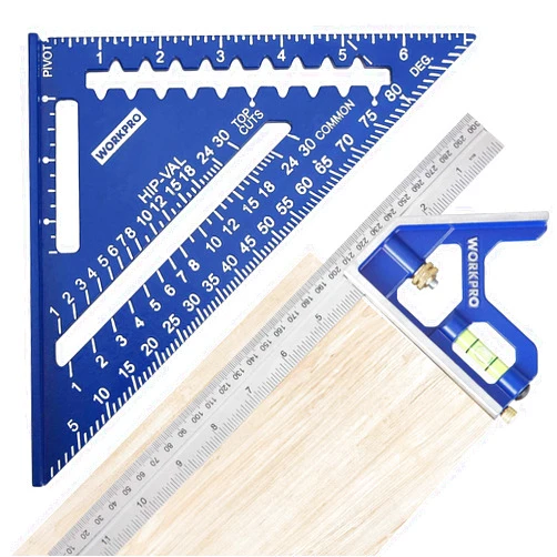 WORKPRO Aluminum Alloy Carpenter Square and Zinc-Alloy Square Ruler Set - 7 in. Rafter Layout Tool and 12 in. Combination Square Combo