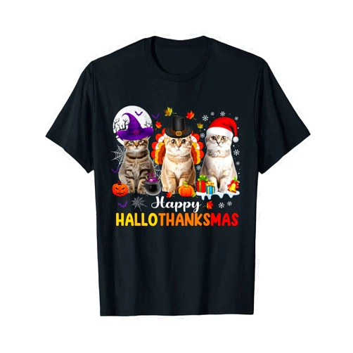 Happy Hallothanksmas Shirt For Men Women Cat Lover Happy Hallothanksmas Cats Halloween Thanksgiving Christmas T-Shirt
