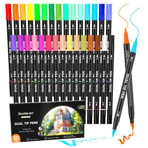 Shuttle Art Dual Tip Brush Pens Art Markers, 30 Colors Dual Tip Calligraphy Pens Fine and Brush Dual Tip Markers Set Perfect for Kids Adult Artist Calligraphy Hand Lettering Journal Doodling Writing