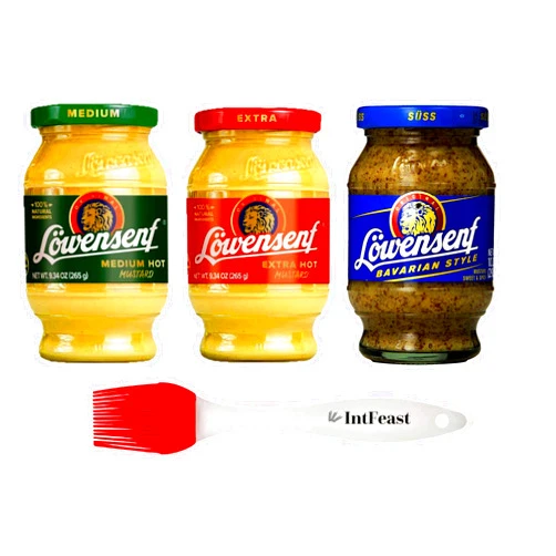 IntFeast Löwensenf German Mustard Variety Pack (3 Pack) - Extra Hot Mustard 9.3oz (1 Piece) Medium Hot Mustard 9.3oz (1 Piece) Sweet and Spicy Mustard Jar 10.05oz (1 Piece) with Intfeast Silicone Pastry Brush