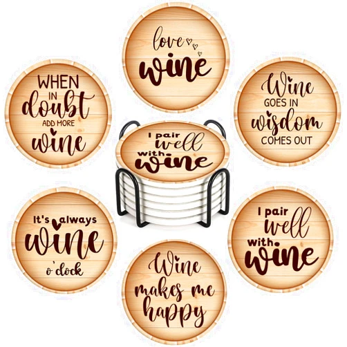 Britimes Coaster for Drinks Set of 6, Wine Stamp Wooden Wood Bottle Absorbent Round Ceramic Stone Mat, with Cork Base and Metal Holder, Gift for Housewarming Room Bar Decor
