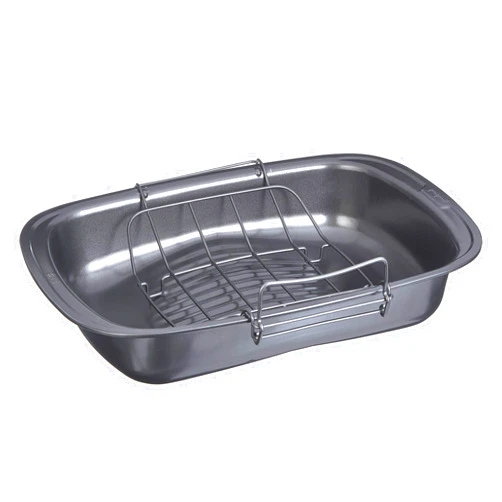 Goodcook Quick Roaster Pan and locking rack, with juice gathering pools for easier, safer, faster basting, 17x12x3 inches, Grey
