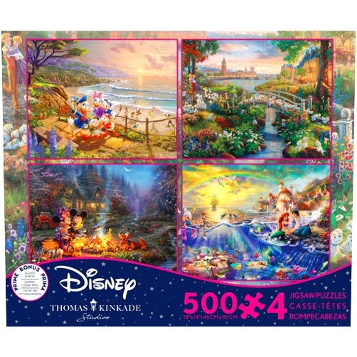 Ceaco - 4 in 1 Multipack - Thomas Kinkade - Disney Dreams Collection - Donald & Daisy Duck, 101 Dalmatians, Mickey, Minnie, & Pluto, & The Little Mermaid - (4) 500 Piece Jigsaw Puzzles