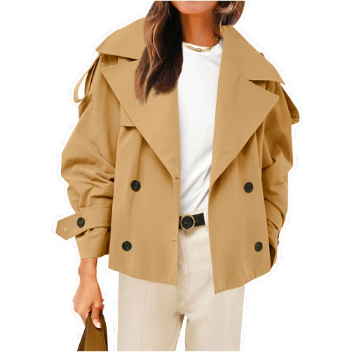 Tankaneo Womens Cropped Trench Coat Casual Double Breasted Short Jacket Fall Fashion Outerwear with Belt