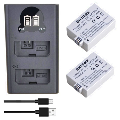 Batmax 2Packs LP-E5 Battery + LCD Dual USB Charger with Type C Port for Canon EOS Rebel XS, Rebel Xsi, Rebel T1i, 1000D, 500D, 450D, Kiss F, Kiss X2, Kiss X3