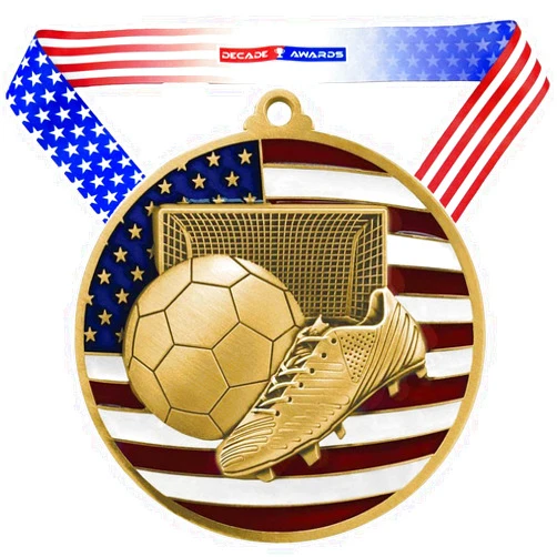 Decade Awards Patriotic Soccer Medal - Custom Engraved Soccer Medal with Stars and Stripes Neck Ribbon - Customize Now (2.75 Inch Wide)