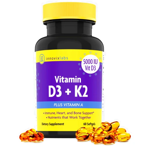 InnovixLabs Vitamin D3 K2-5000 IU Vitamin D3 Plus 600 mcg Vitamin K2 MK4 and MK7 for Max Calcium Absorption, Supports Bone, Immune, Heart Health, 3rd Party Tested, Gluten Free, 60 Softgels