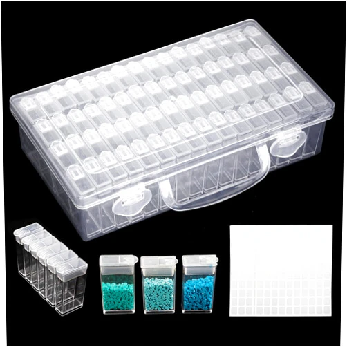 SGHUO 64 Grid Diamond Painting Storage Containers Diamond Art Accessories Tool Box Craft Storage with Adjustable Dividers for Beads, Art DIY, Crafts, Jewelry, Plastic Organizer with Label Stickers